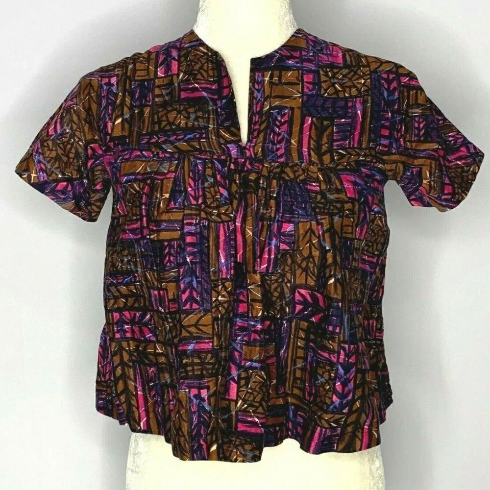 Vintage 60s Babydoll Shirt S Pink Brown Tribal Native Short Sleeve Split V